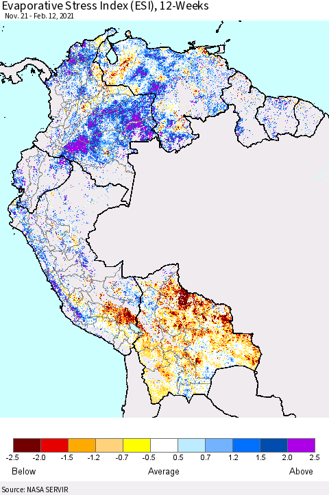 Northern South America Evaporative Stress Index (ESI), 12-Weeks Thematic Map For 2/8/2021 - 2/14/2021