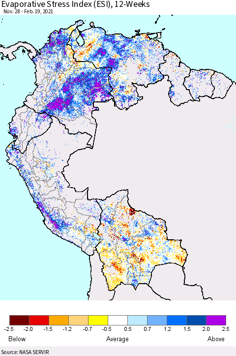 Northern South America Evaporative Stress Index 12-Weeks (ESI) Thematic Map For 2/15/2021 - 2/21/2021