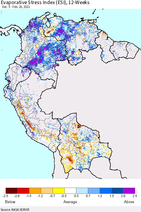 Northern South America Evaporative Stress Index (ESI), 12-Weeks Thematic Map For 2/22/2021 - 2/28/2021