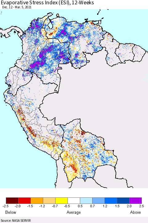 Northern South America Evaporative Stress Index 12-Weeks (ESI) Thematic Map For 3/1/2021 - 3/7/2021
