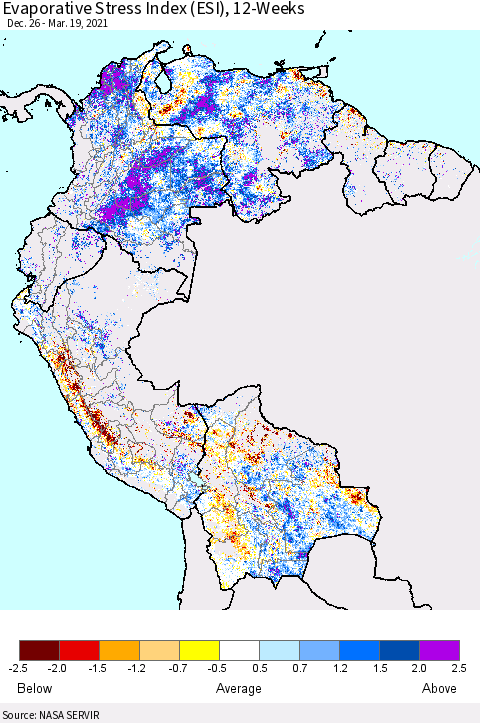 Northern South America Evaporative Stress Index 12-Weeks (ESI) Thematic Map For 3/15/2021 - 3/21/2021