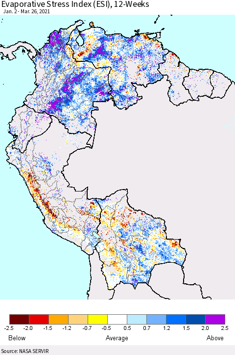 Northern South America Evaporative Stress Index (ESI), 12-Weeks Thematic Map For 3/22/2021 - 3/28/2021