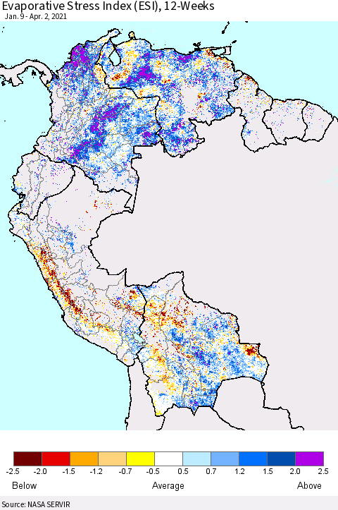 Northern South America Evaporative Stress Index 12-Weeks (ESI) Thematic Map For 3/29/2021 - 4/4/2021