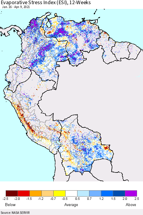 Northern South America Evaporative Stress Index (ESI), 12-Weeks Thematic Map For 4/5/2021 - 4/11/2021