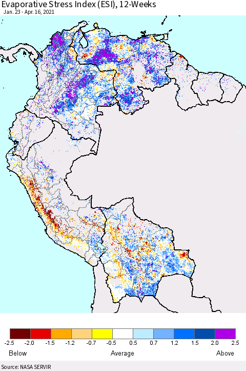 Northern South America Evaporative Stress Index 12-Weeks (ESI) Thematic Map For 4/12/2021 - 4/18/2021