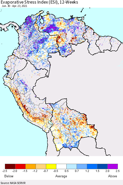 Northern South America Evaporative Stress Index (ESI), 12-Weeks Thematic Map For 4/19/2021 - 4/25/2021