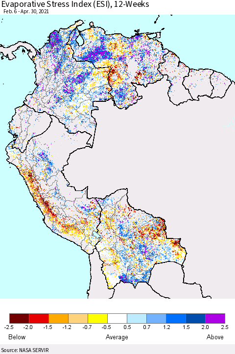 Northern South America Evaporative Stress Index (ESI), 12-Weeks Thematic Map For 4/26/2021 - 5/2/2021