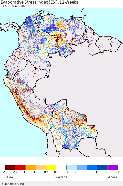 Northern South America Evaporative Stress Index (ESI), 12-Weeks Thematic Map For 5/3/2021 - 5/9/2021