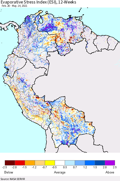 Northern South America Evaporative Stress Index (ESI), 12-Weeks Thematic Map For 5/10/2021 - 5/16/2021