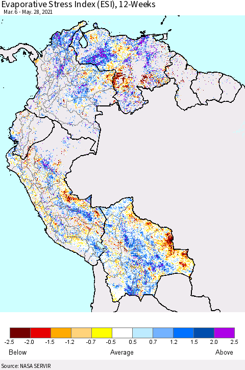 Northern South America Evaporative Stress Index (ESI), 12-Weeks Thematic Map For 5/24/2021 - 5/30/2021