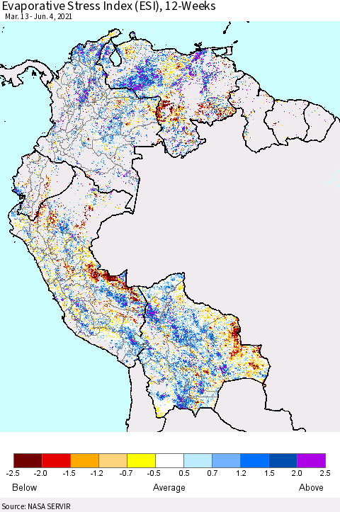 Northern South America Evaporative Stress Index (ESI), 12-Weeks Thematic Map For 5/31/2021 - 6/6/2021