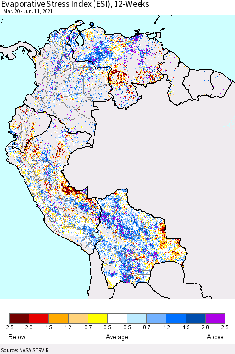 Northern South America Evaporative Stress Index (ESI), 12-Weeks Thematic Map For 6/7/2021 - 6/13/2021
