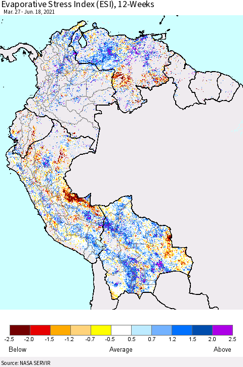 Northern South America Evaporative Stress Index (ESI), 12-Weeks Thematic Map For 6/14/2021 - 6/20/2021
