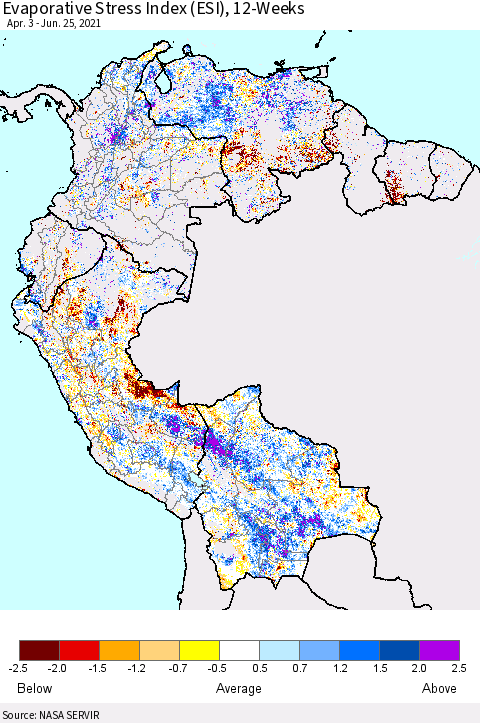 Northern South America Evaporative Stress Index (ESI), 12-Weeks Thematic Map For 6/21/2021 - 6/27/2021