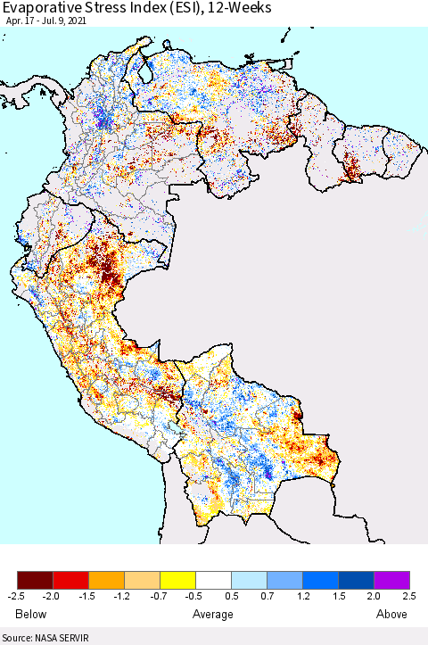 Northern South America Evaporative Stress Index (ESI), 12-Weeks Thematic Map For 7/5/2021 - 7/11/2021