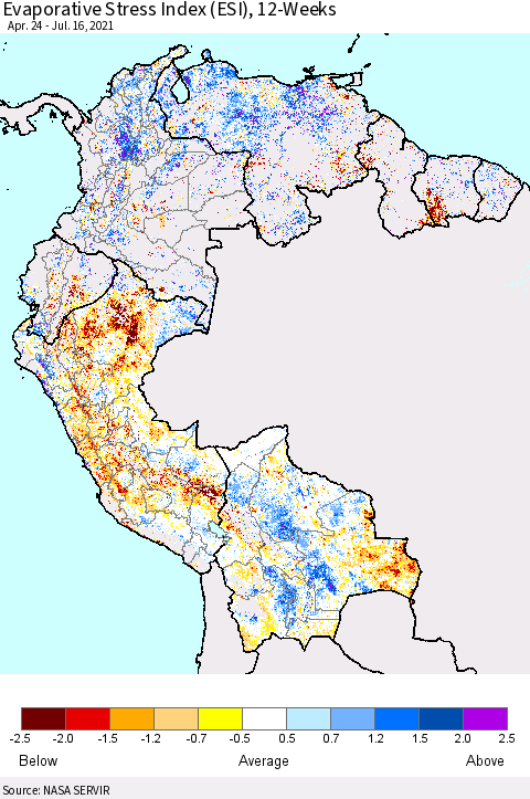 Northern South America Evaporative Stress Index (ESI), 12-Weeks Thematic Map For 7/12/2021 - 7/18/2021