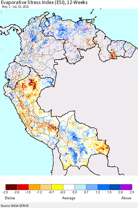 Northern South America Evaporative Stress Index (ESI), 12-Weeks Thematic Map For 7/19/2021 - 7/25/2021