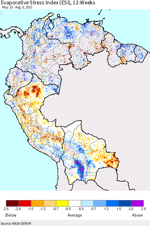 Northern South America Evaporative Stress Index (ESI), 12-Weeks Thematic Map For 8/2/2021 - 8/8/2021