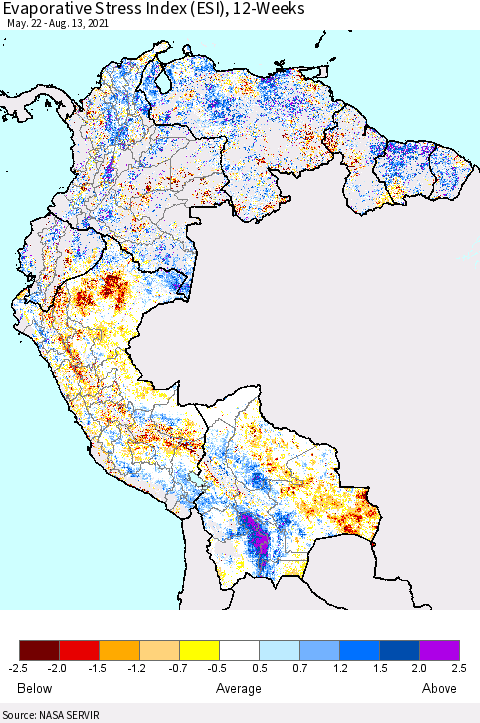 Northern South America Evaporative Stress Index (ESI), 12-Weeks Thematic Map For 8/9/2021 - 8/15/2021