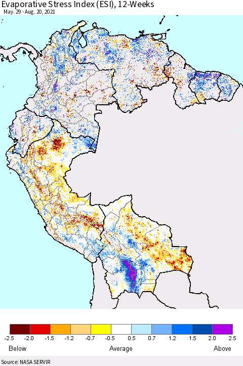 Northern South America Evaporative Stress Index (ESI), 12-Weeks Thematic Map For 8/16/2021 - 8/22/2021