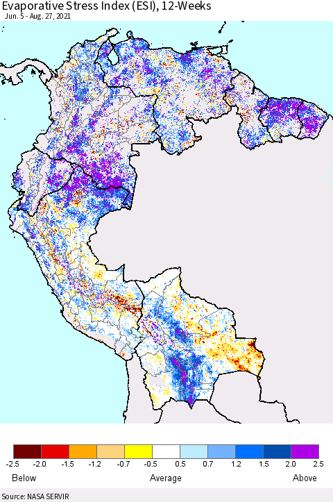 Northern South America Evaporative Stress Index (ESI), 12-Weeks Thematic Map For 8/23/2021 - 8/29/2021
