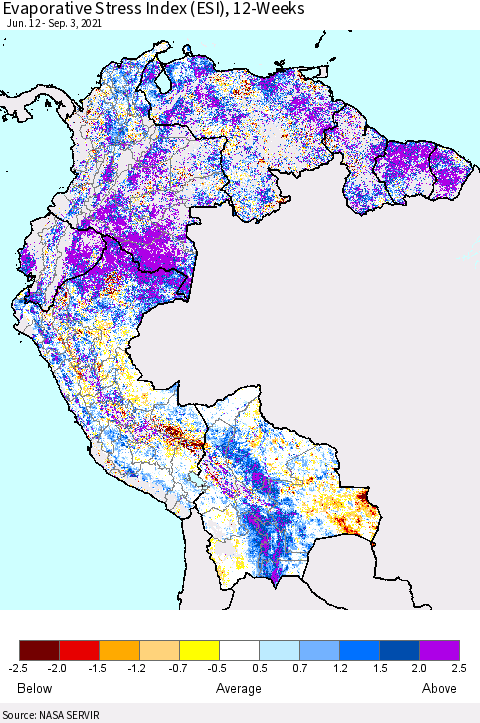 Northern South America Evaporative Stress Index (ESI), 12-Weeks Thematic Map For 8/30/2021 - 9/5/2021