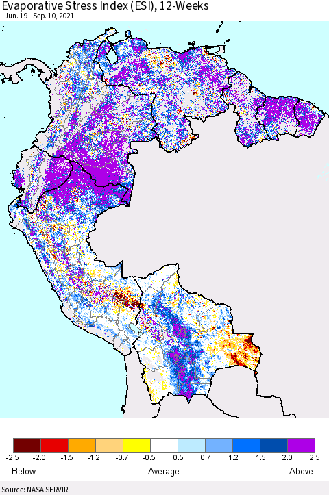Northern South America Evaporative Stress Index (ESI), 12-Weeks Thematic Map For 9/6/2021 - 9/12/2021