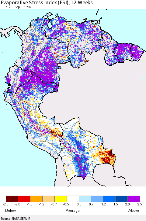 Northern South America Evaporative Stress Index (ESI), 12-Weeks Thematic Map For 9/13/2021 - 9/19/2021