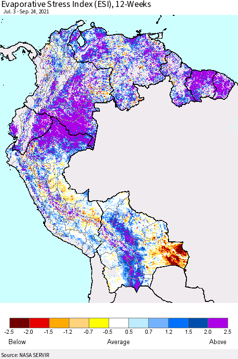 Northern South America Evaporative Stress Index (ESI), 12-Weeks Thematic Map For 9/20/2021 - 9/26/2021