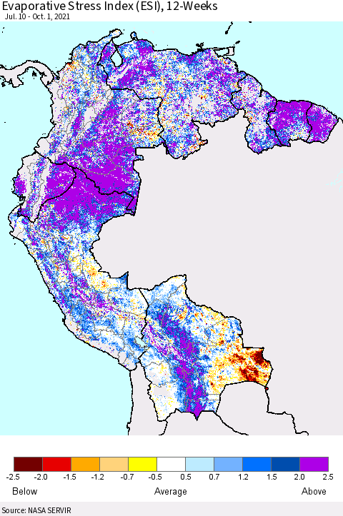 Northern South America Evaporative Stress Index (ESI), 12-Weeks Thematic Map For 9/27/2021 - 10/3/2021