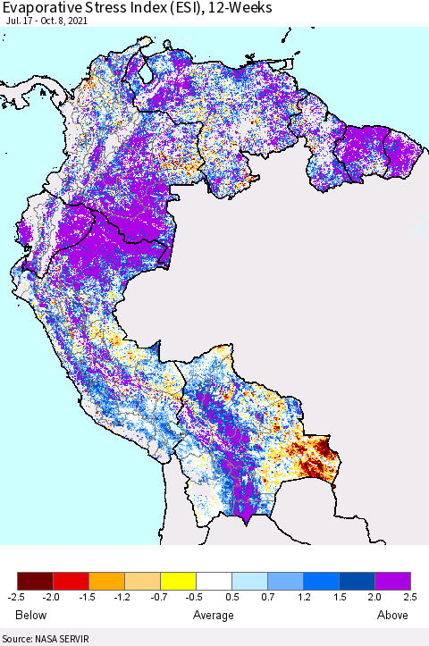 Northern South America Evaporative Stress Index (ESI), 12-Weeks Thematic Map For 10/4/2021 - 10/10/2021