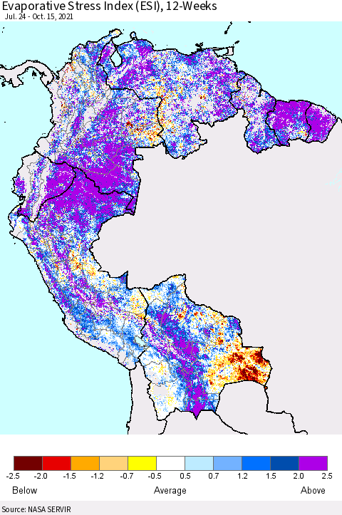 Northern South America Evaporative Stress Index (ESI), 12-Weeks Thematic Map For 10/11/2021 - 10/17/2021