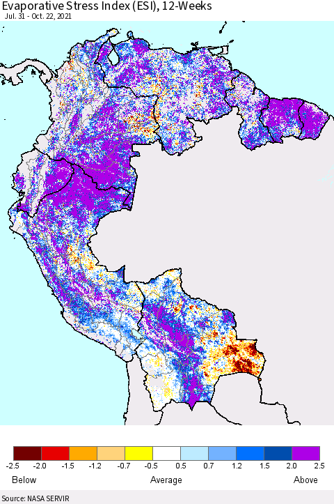 Northern South America Evaporative Stress Index (ESI), 12-Weeks Thematic Map For 10/18/2021 - 10/24/2021