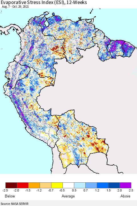 Northern South America Evaporative Stress Index (ESI), 12-Weeks Thematic Map For 10/25/2021 - 10/31/2021