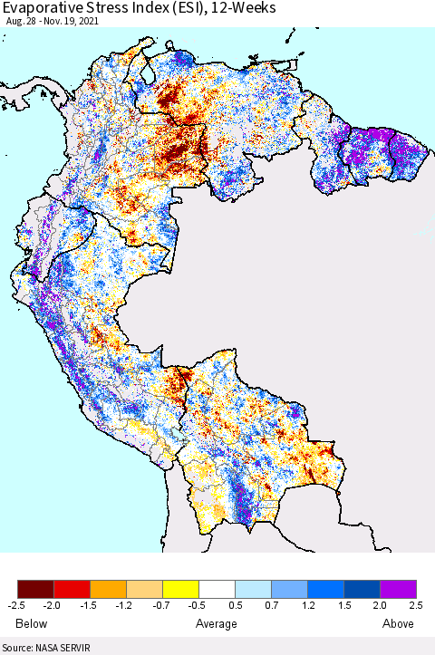 Northern South America Evaporative Stress Index (ESI), 12-Weeks Thematic Map For 11/15/2021 - 11/21/2021