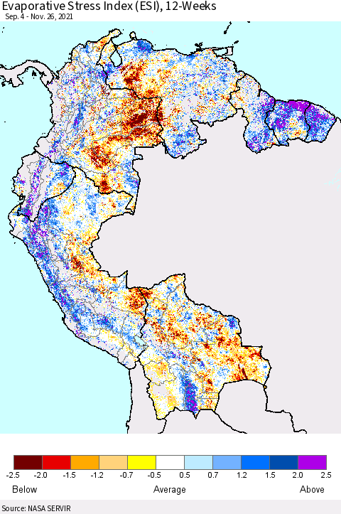 Northern South America Evaporative Stress Index (ESI), 12-Weeks Thematic Map For 11/22/2021 - 11/28/2021