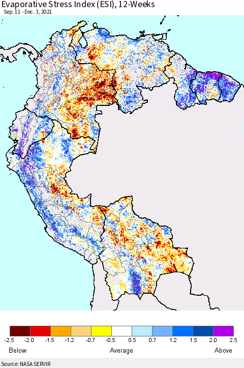 Northern South America Evaporative Stress Index (ESI), 12-Weeks Thematic Map For 11/29/2021 - 12/5/2021