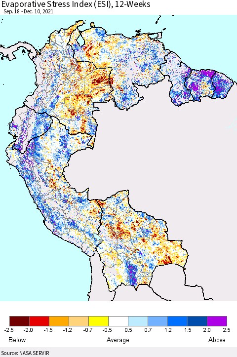 Northern South America Evaporative Stress Index (ESI), 12-Weeks Thematic Map For 12/6/2021 - 12/12/2021