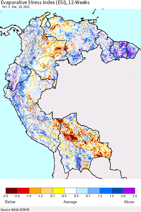Northern South America Evaporative Stress Index (ESI), 12-Weeks Thematic Map For 12/20/2021 - 12/26/2021