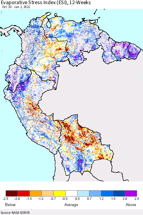 Northern South America Evaporative Stress Index (ESI), 12-Weeks Thematic Map For 12/27/2021 - 1/2/2022
