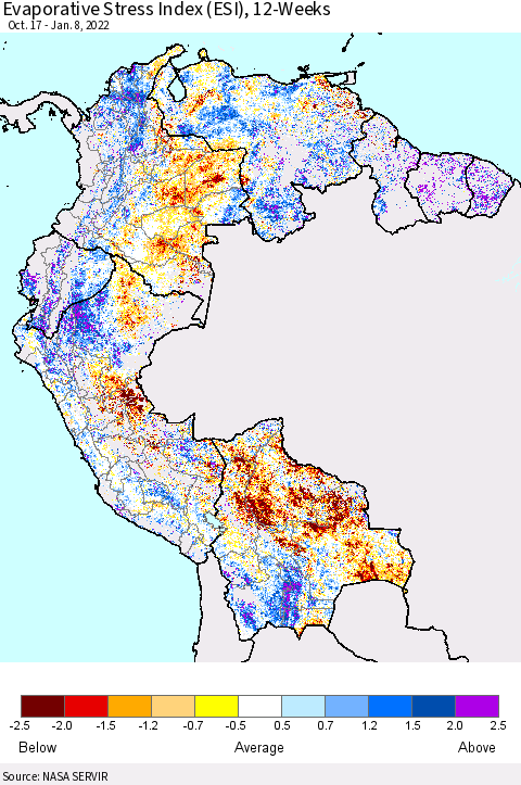 Northern South America Evaporative Stress Index (ESI), 12-Weeks Thematic Map For 1/3/2022 - 1/9/2022