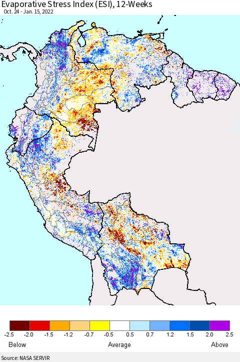 Northern South America Evaporative Stress Index (ESI), 12-Weeks Thematic Map For 1/10/2022 - 1/16/2022