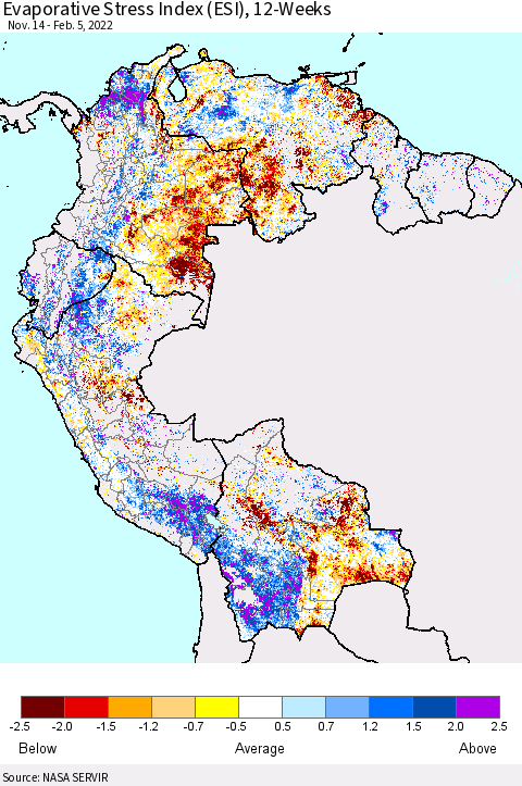 Northern South America Evaporative Stress Index (ESI), 12-Weeks Thematic Map For 1/31/2022 - 2/6/2022