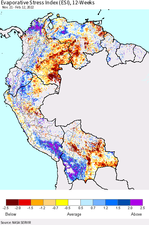 Northern South America Evaporative Stress Index (ESI), 12-Weeks Thematic Map For 2/7/2022 - 2/13/2022