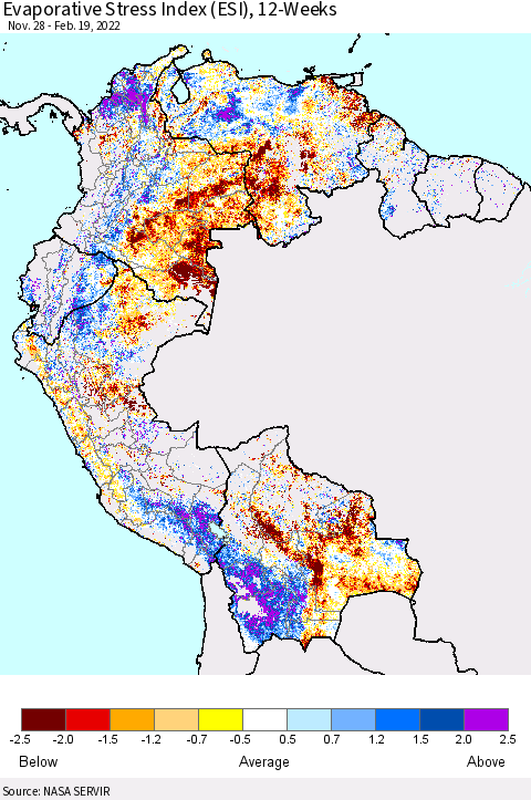 Northern South America Evaporative Stress Index (ESI), 12-Weeks Thematic Map For 2/14/2022 - 2/20/2022