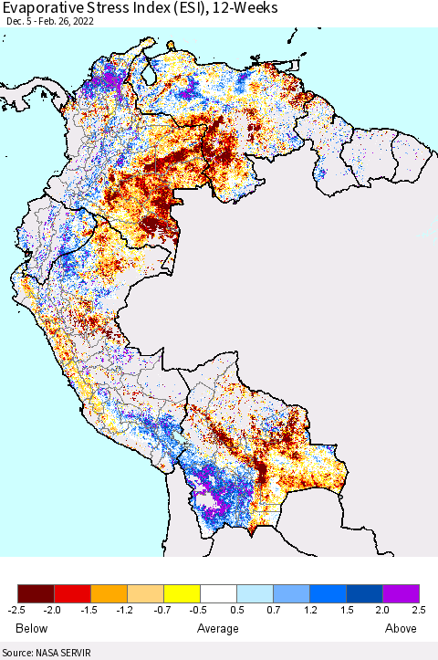 Northern South America Evaporative Stress Index (ESI), 12-Weeks Thematic Map For 2/21/2022 - 2/27/2022