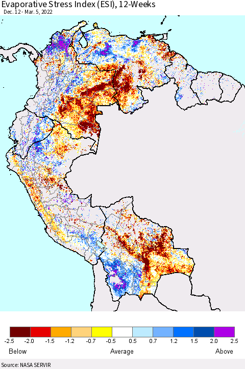 Northern South America Evaporative Stress Index (ESI), 12-Weeks Thematic Map For 2/28/2022 - 3/6/2022