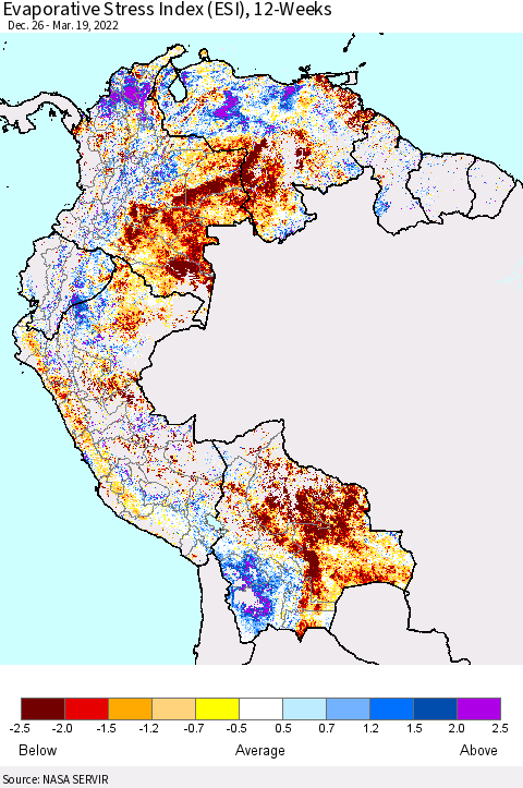 Northern South America Evaporative Stress Index (ESI), 12-Weeks Thematic Map For 3/14/2022 - 3/20/2022