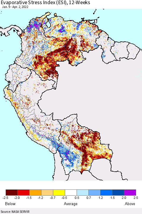 Northern South America Evaporative Stress Index (ESI), 12-Weeks Thematic Map For 3/28/2022 - 4/3/2022