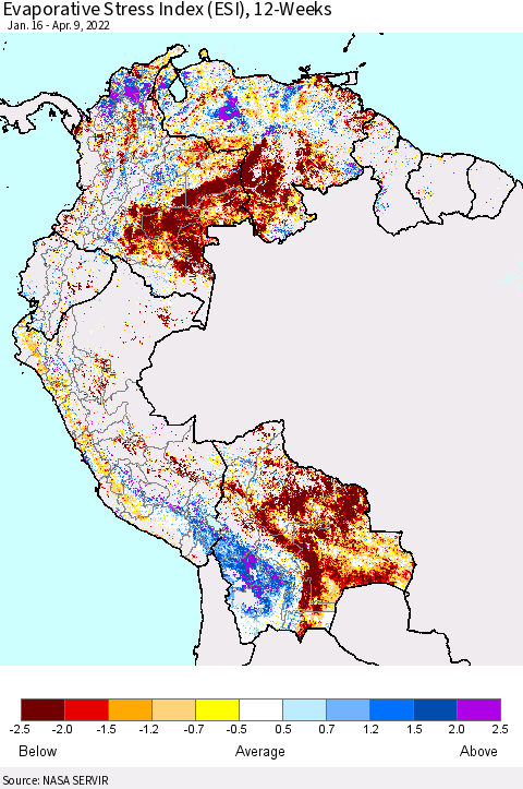 Northern South America Evaporative Stress Index (ESI), 12-Weeks Thematic Map For 4/4/2022 - 4/10/2022